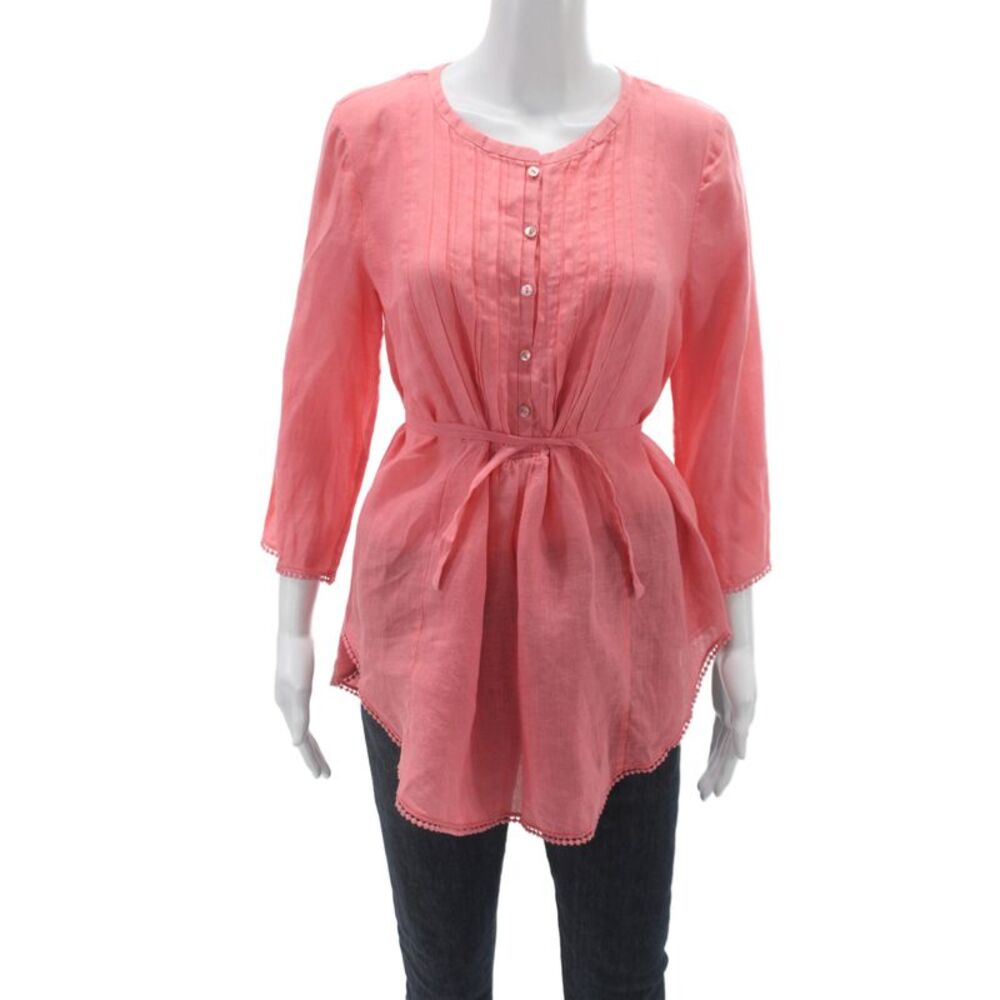 Calypso Saint Barth Womens Tunic Blouse Pink Linen 3/4 Sleeve Boho Size S